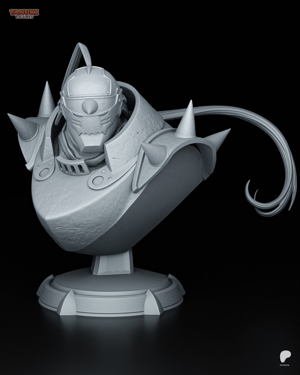 Sculptor's render of the design (kit ships unpainted): gray clay front three-quarter view of the armor bust with spiked pauldrons and the plume curling to one side, on the round plinth