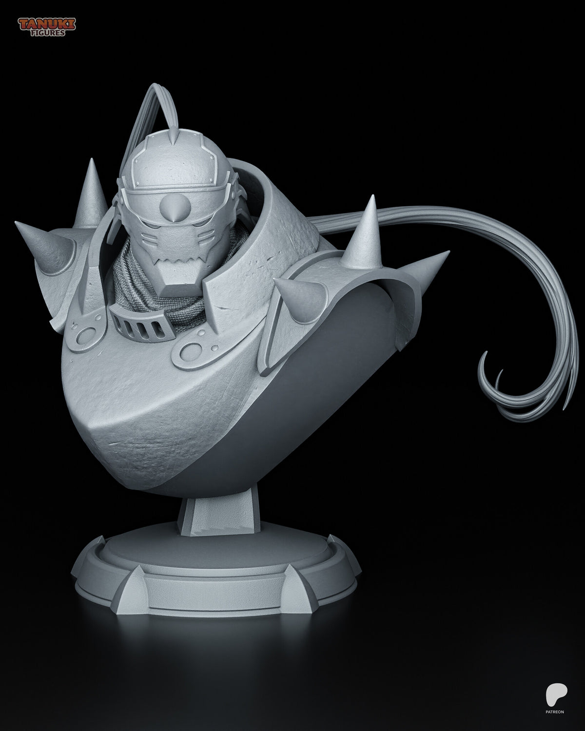Sculptor's render of the design (kit ships unpainted): gray clay front three-quarter view of the armor bust with spiked pauldrons and the plume curling to one side, on the round plinth