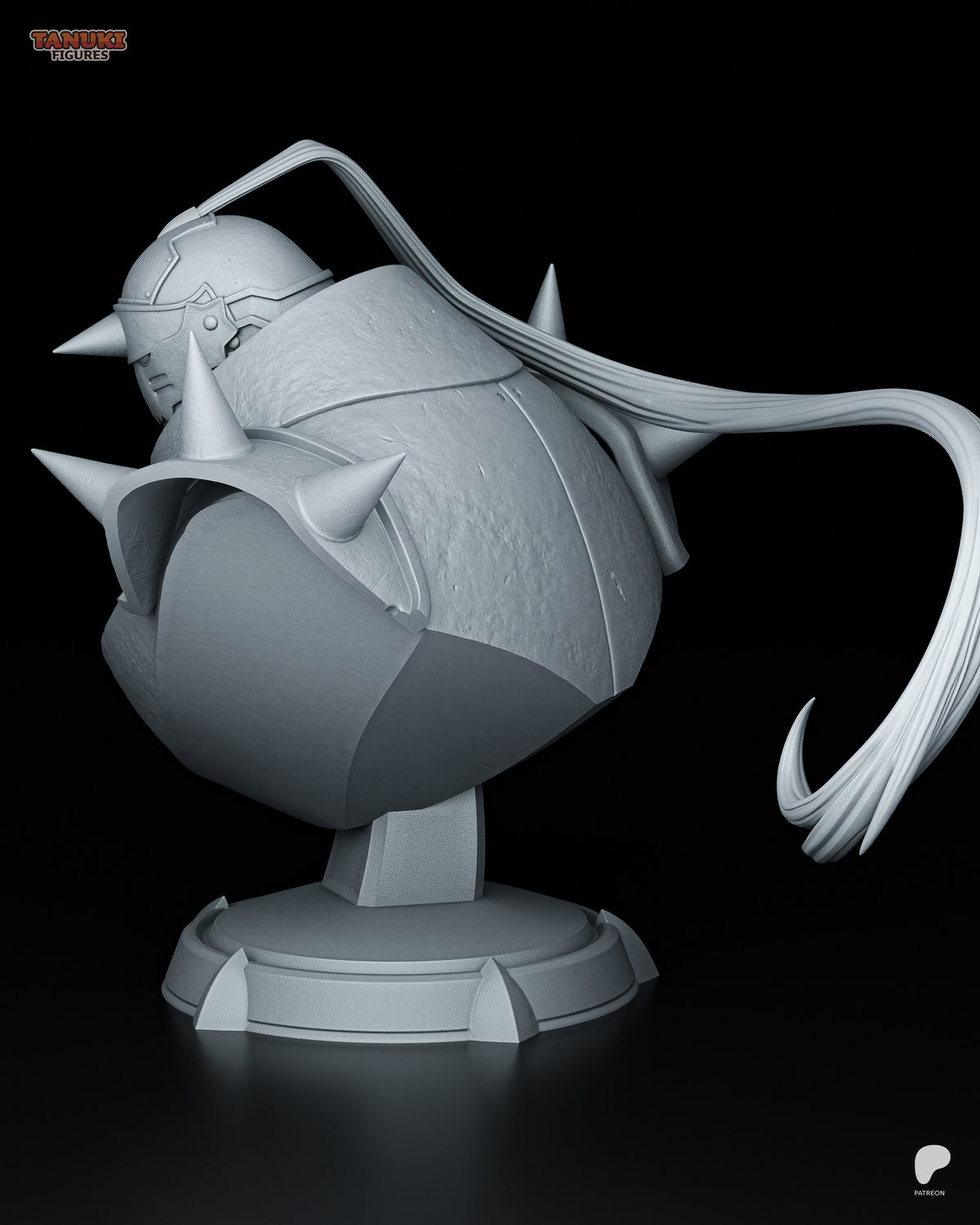 Sculptor's render (kit ships unpainted): rear three-quarter view showing the hammered back plates and the plume arcing over the helmet