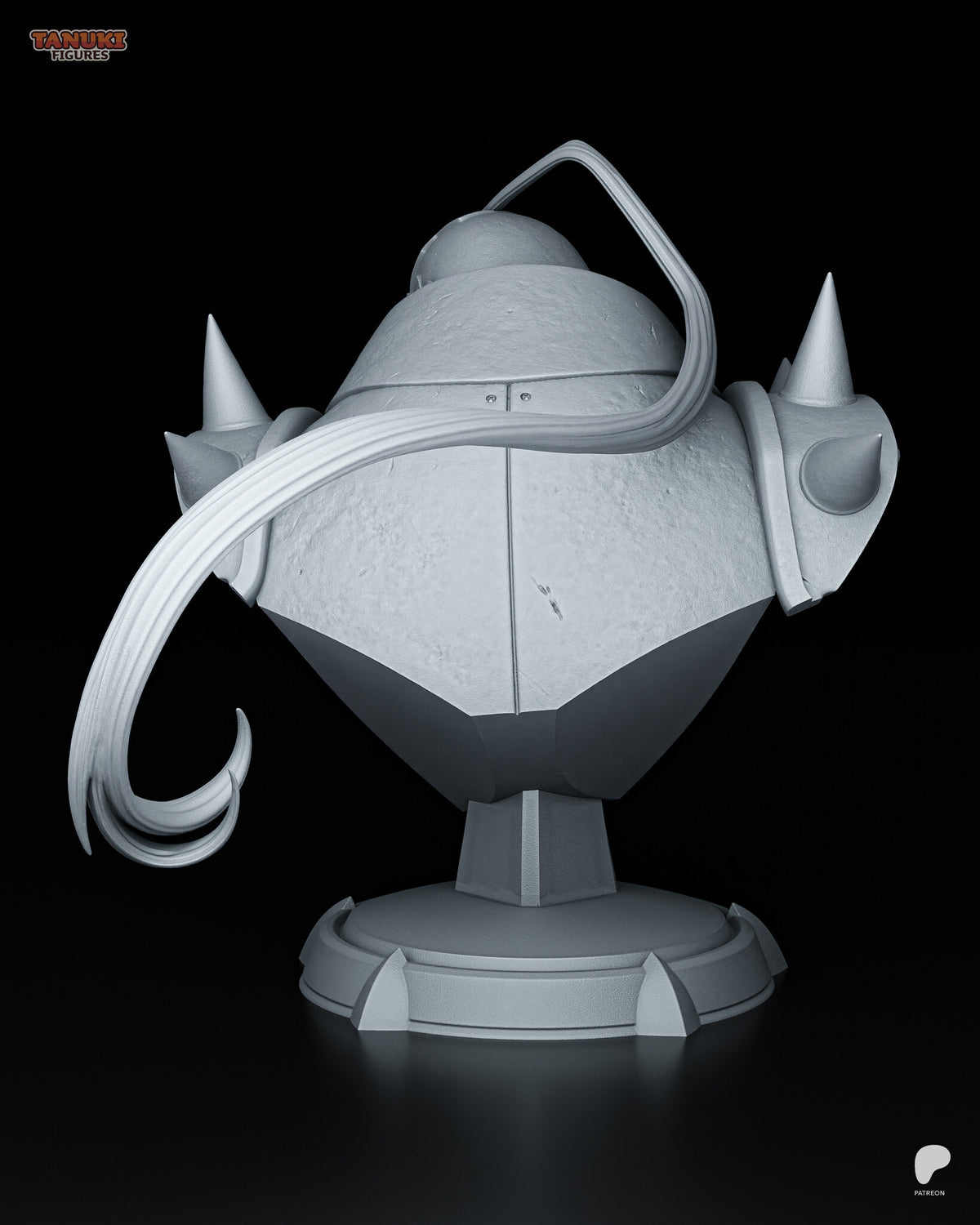 Sculptor's render (kit ships unpainted): straight back view with the center seam, the spiked pauldrons and the plume looping down one side