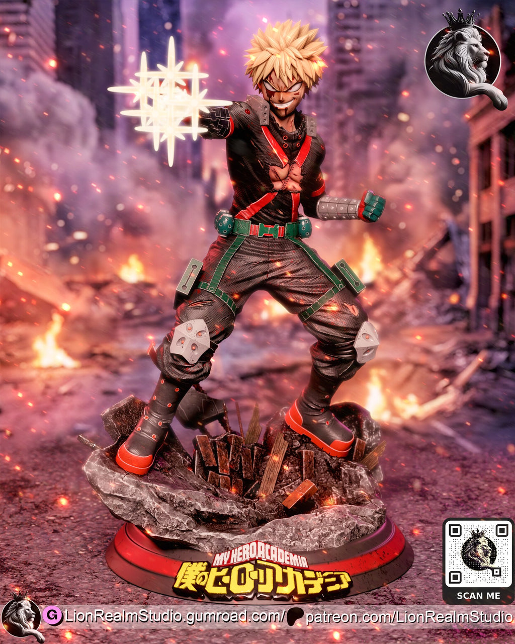 Sculptor's render of the painted design (kit ships unpainted): front view of the spiky-haired blond hero in a wide stance on the rubble base, a white starburst blast at his outstretched hand