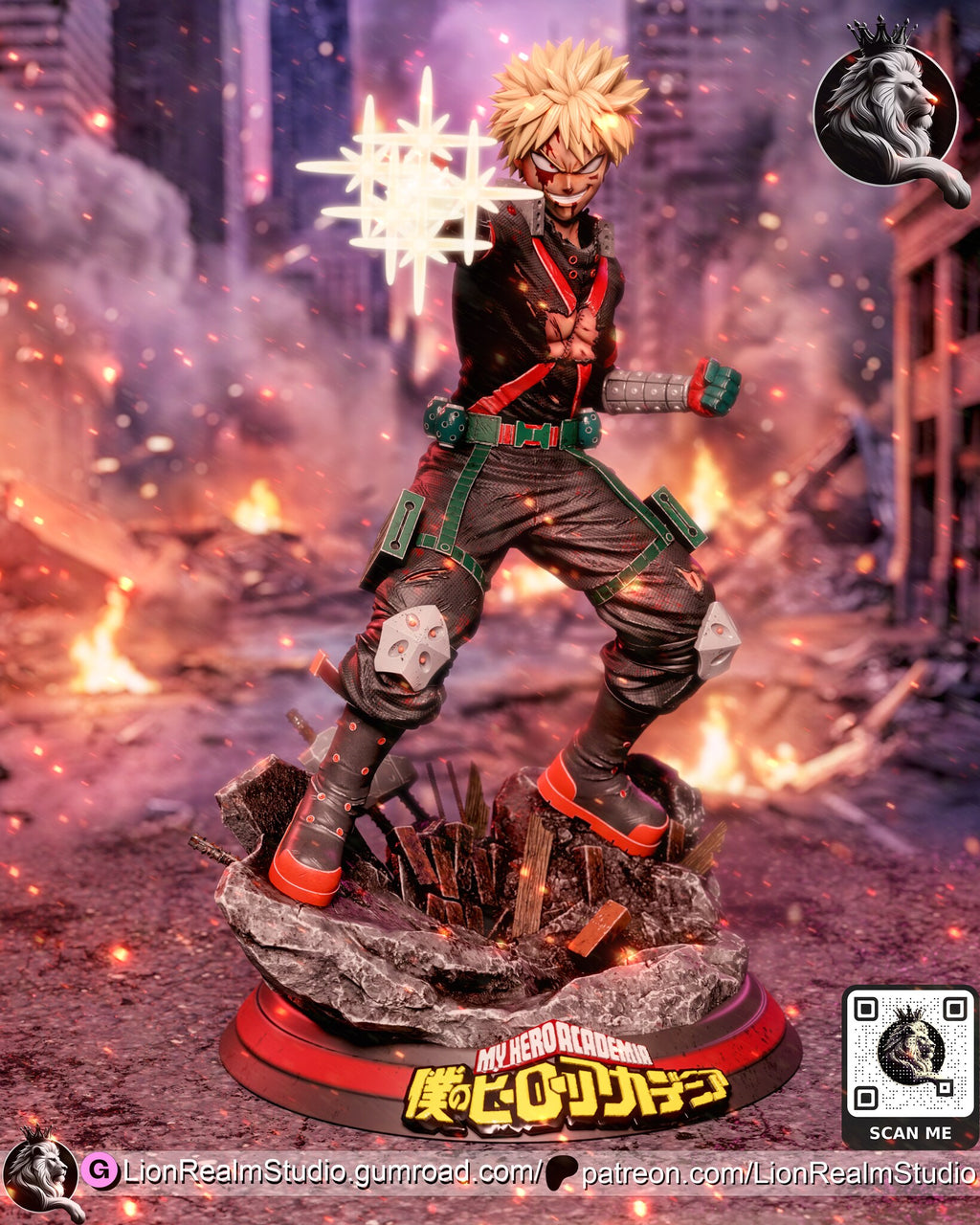 Sculptor's render (kit ships unpainted): view from his right, the blast effect beside his grinning face