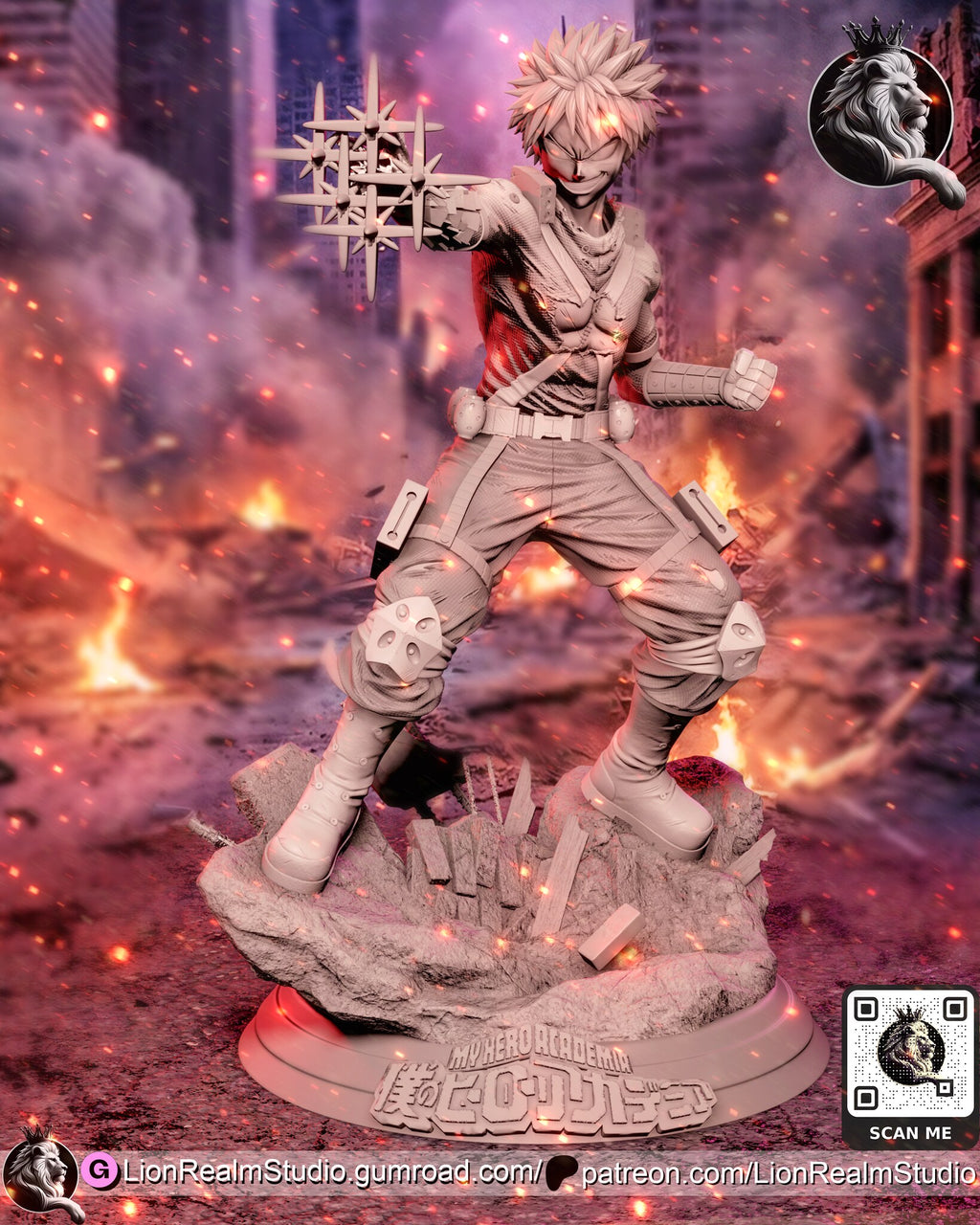Sculptor's render (kit ships unpainted): unpainted gray view of the sculpt from the front, with the blast effect fitted