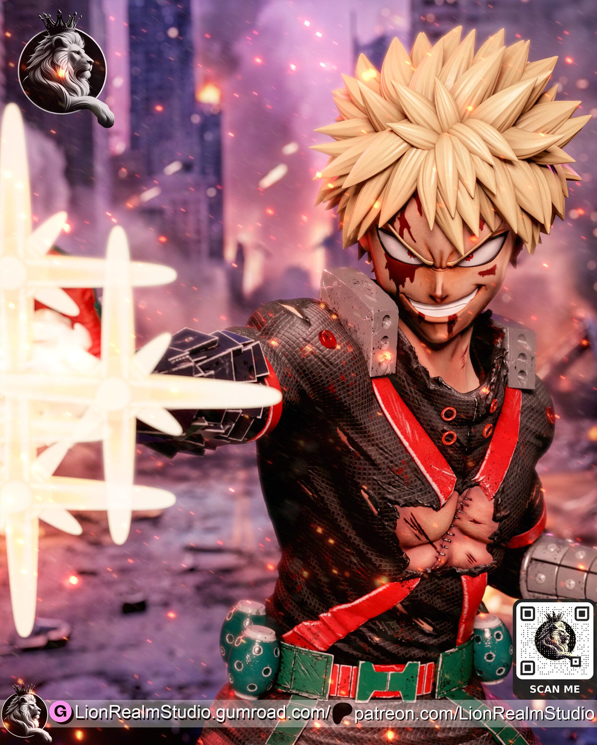 Sculptor's render (kit ships unpainted): close-up of the grinning face and spiky hair, with the blast glowing beside him