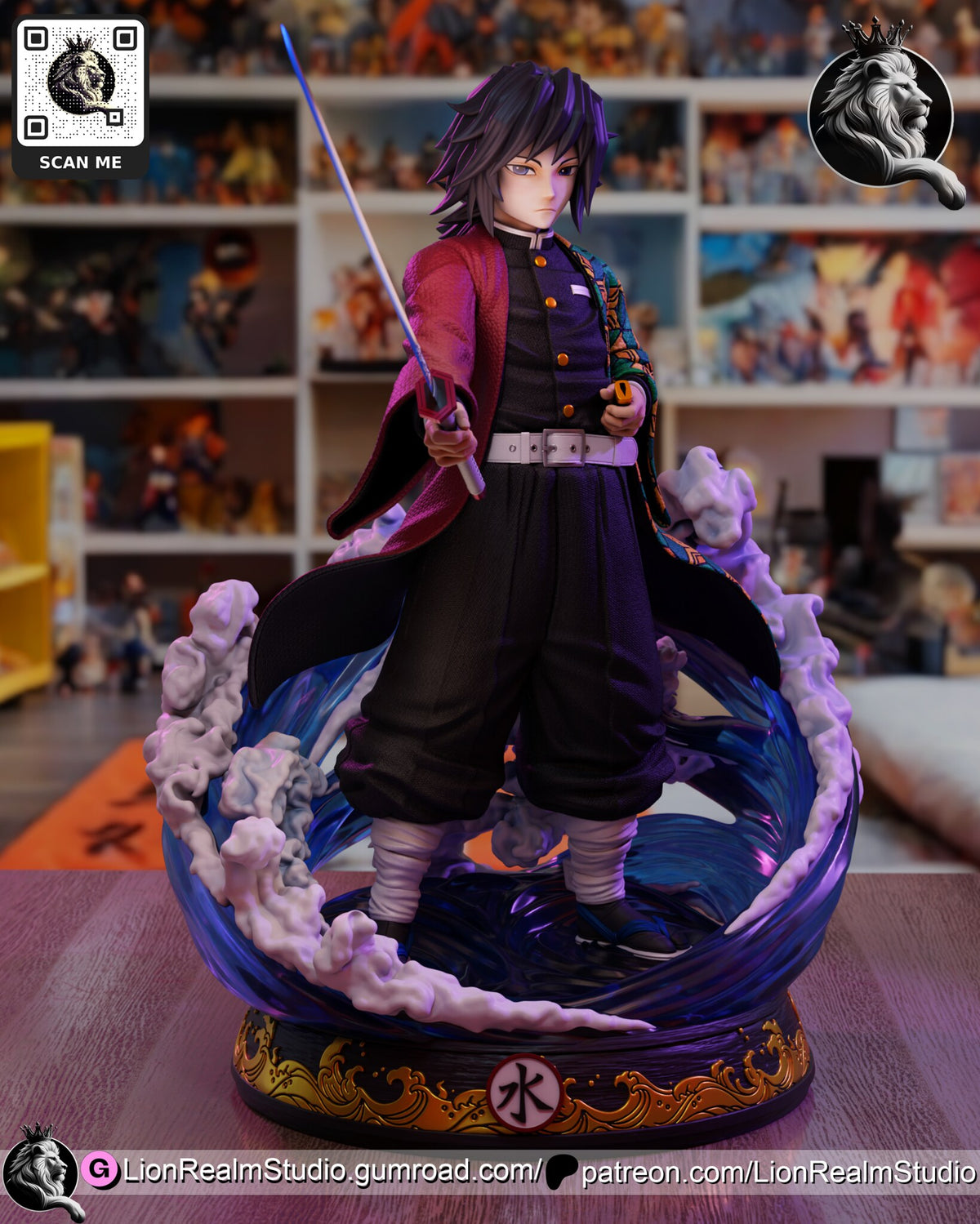 Sculptor's render of the painted design (kit ships unpainted): front view of the swordsman in the split red and patterned coat, sword raised at his side, inside a ring of translucent blue water and white foam on the round black and gold base