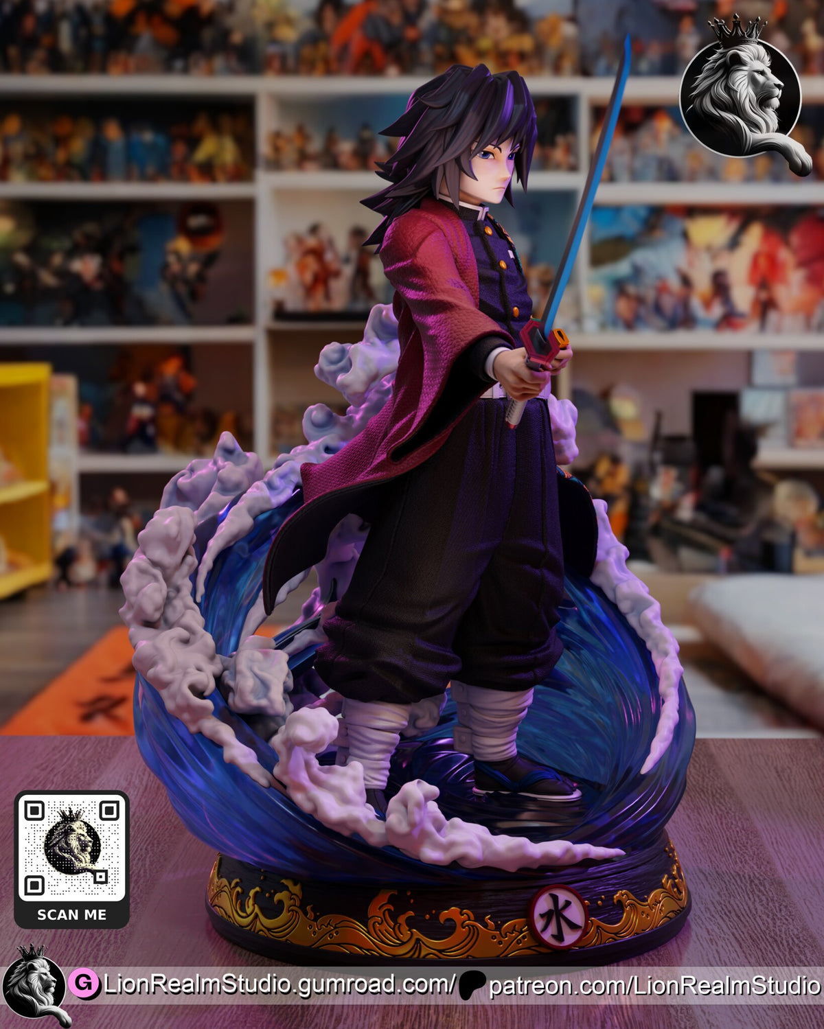 Sculptor's render (kit ships unpainted): side view from his right, the sword held upright in front of his chest and the red coat flaring behind him