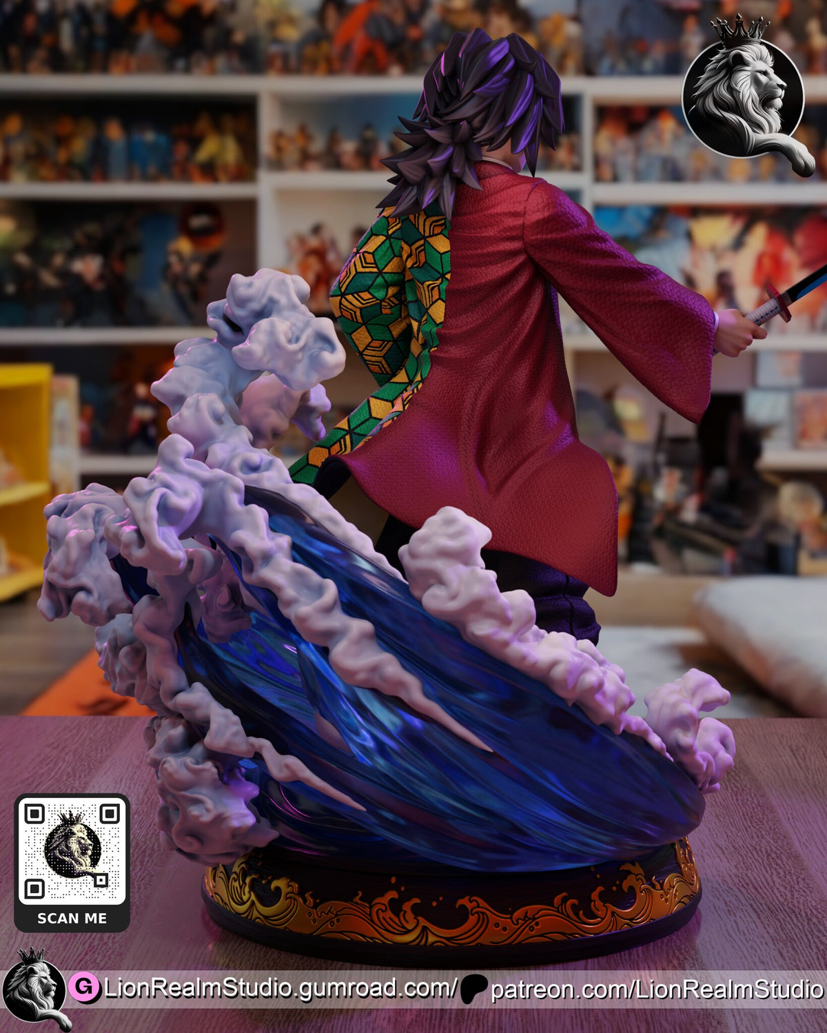 Sculptor's render (kit ships unpainted): rear three-quarter view behind the tallest wave of water and foam, with the sword arm reaching out
