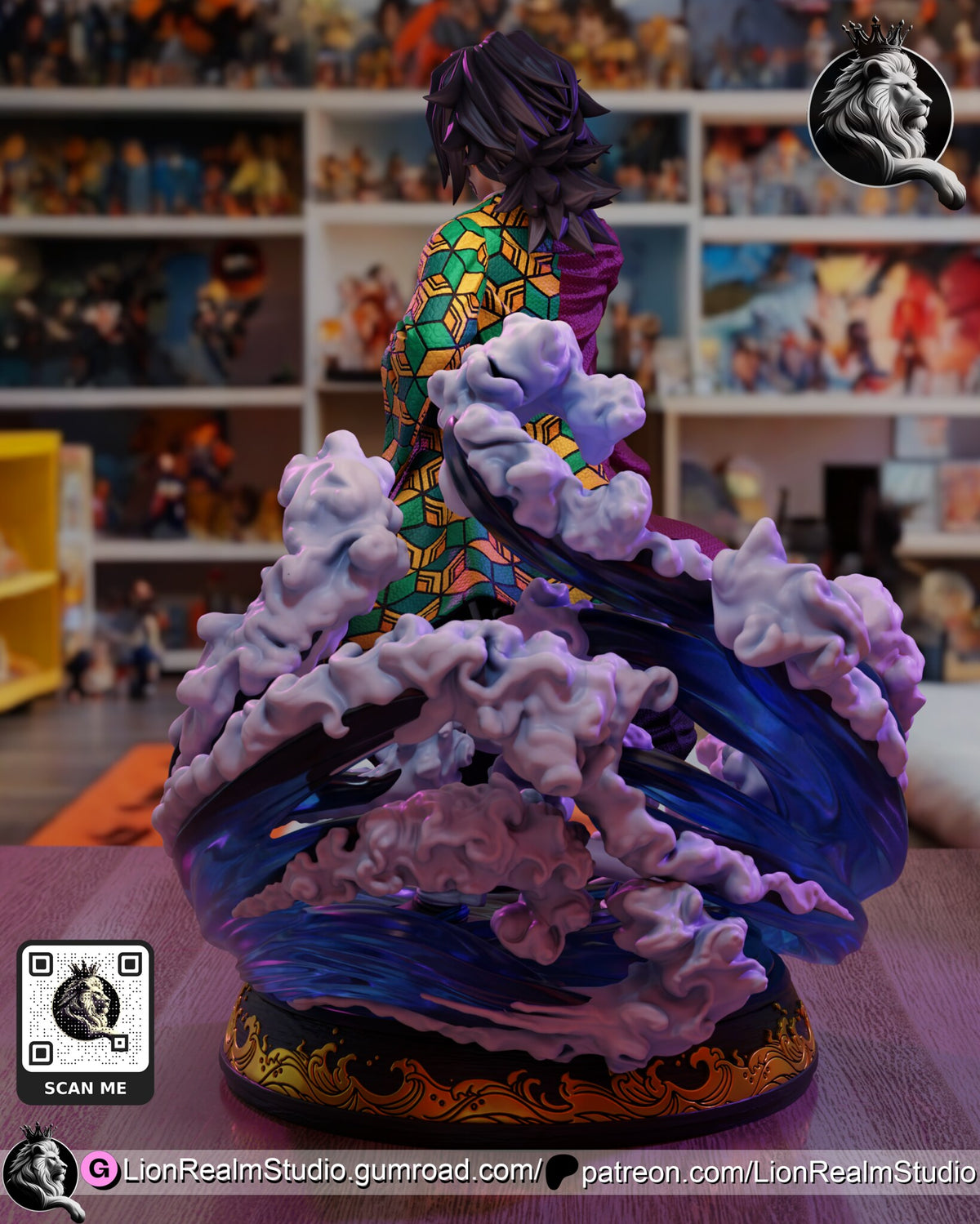 Sculptor's render (kit ships unpainted): rear three-quarter view of the green, yellow and orange hexagon pattern behind piled foam
