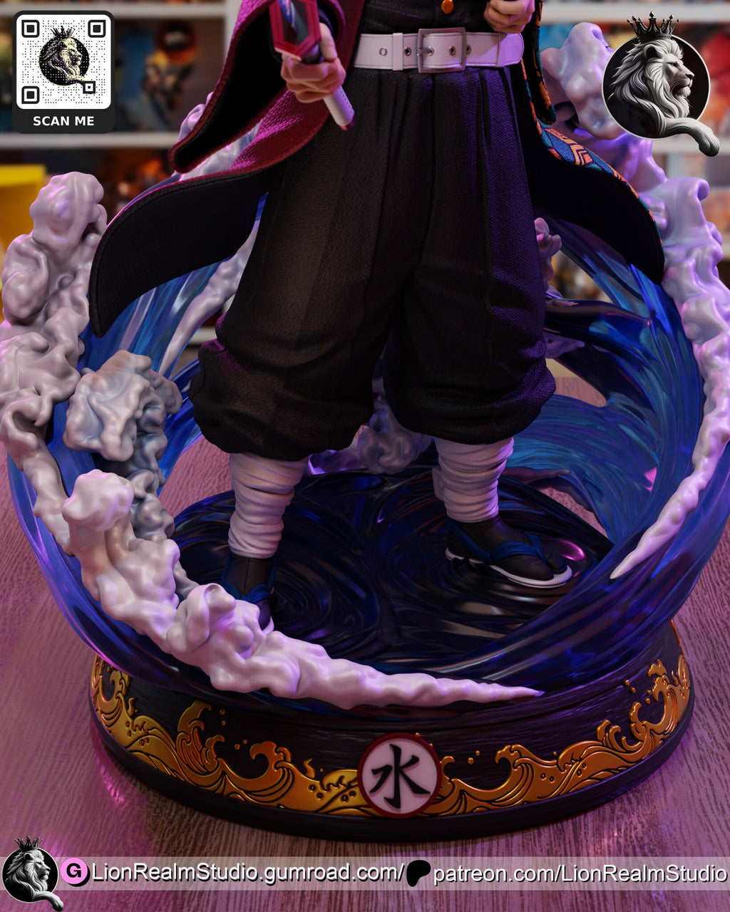 Sculptor's render (kit ships unpainted): close-up of the legs and sandals on the rippled water floor, with the gold wave relief and front medallion on the base