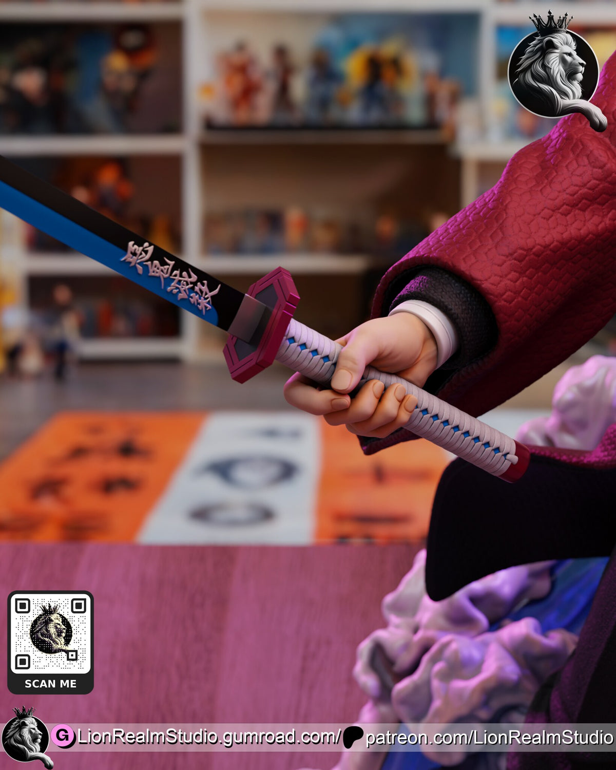 Sculptor's render (kit ships unpainted): close-up of the sword's blue-edged blade, red hexagonal guard and white wrapped handle in his hand