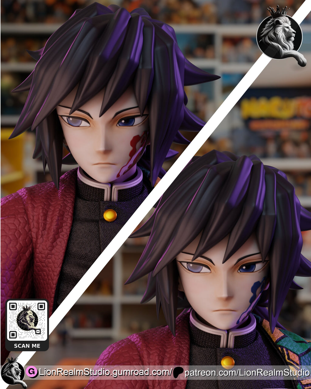 Sculptor's render (kit ships unpainted): two optional painted looks for the face, a cut cheek and a dark blue cheek mark