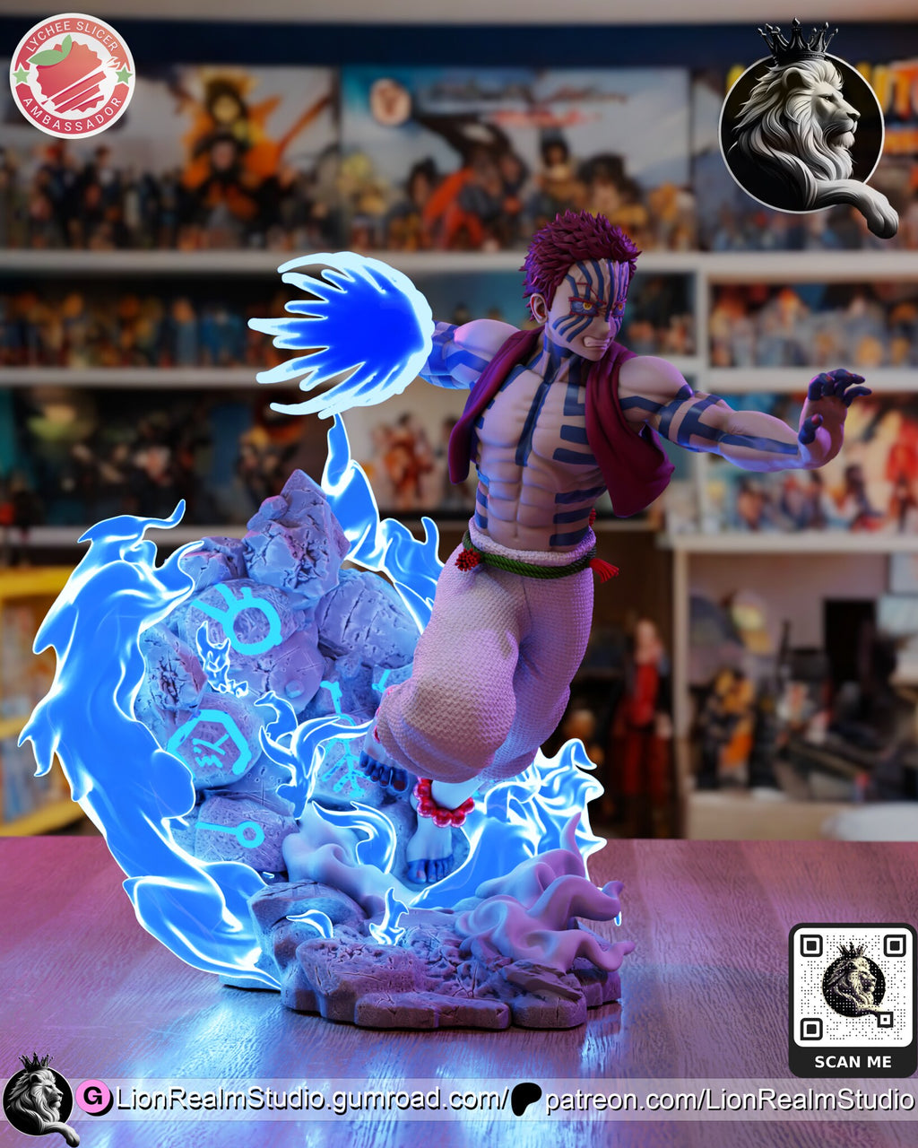 Sculptor's render (kit ships unpainted): three-quarter view from his left with one energy burst, showing the boulders carved with glowing symbols