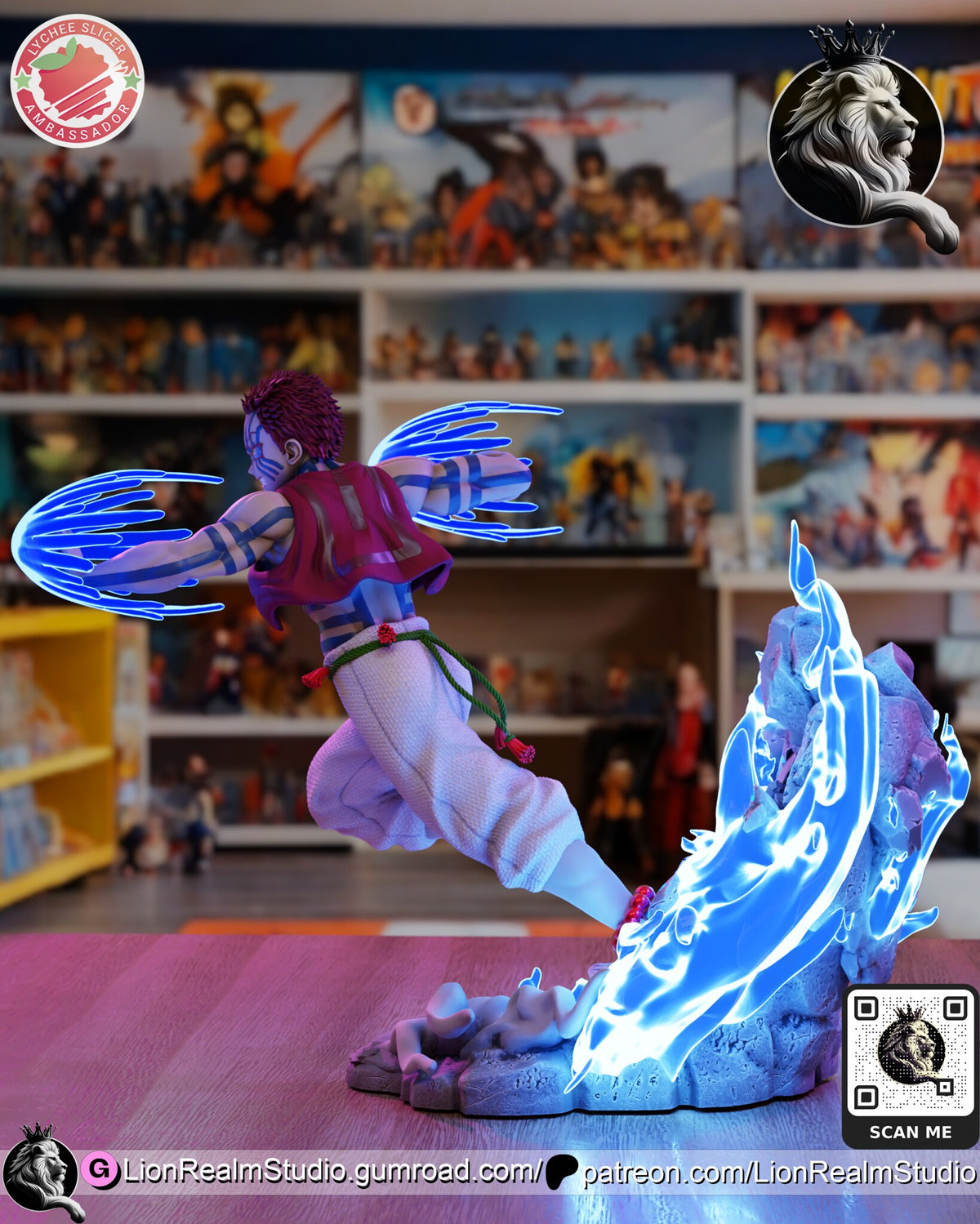 Sculptor's render (kit ships unpainted): side view from behind, showing how far he leans past the base, the tall flame wave and the tail of the rope belt