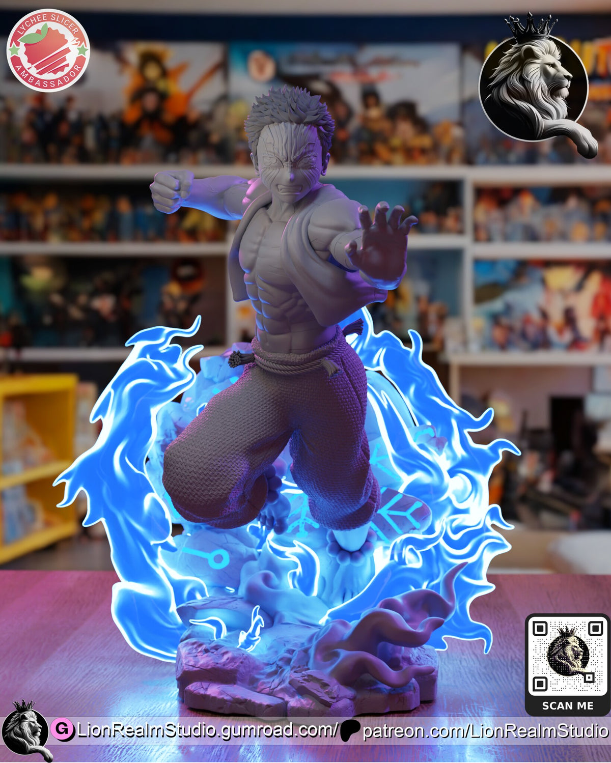 Sculptor's render (kit ships unpainted): unpainted gray view of the sculpt from the front, with the flames shown lit