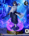 Sculptor's render of the painted design (kit ships unpainted): front three-quarter view of the masked swordsman with the white snake on his shoulders, wavy sword held low, on the gold drum base with the pink swirl