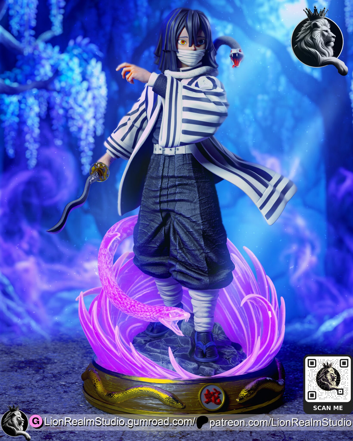Sculptor's render (kit ships unpainted): front view showing the striped coat, the glowing snake in the pink swirl and the medallion on the base