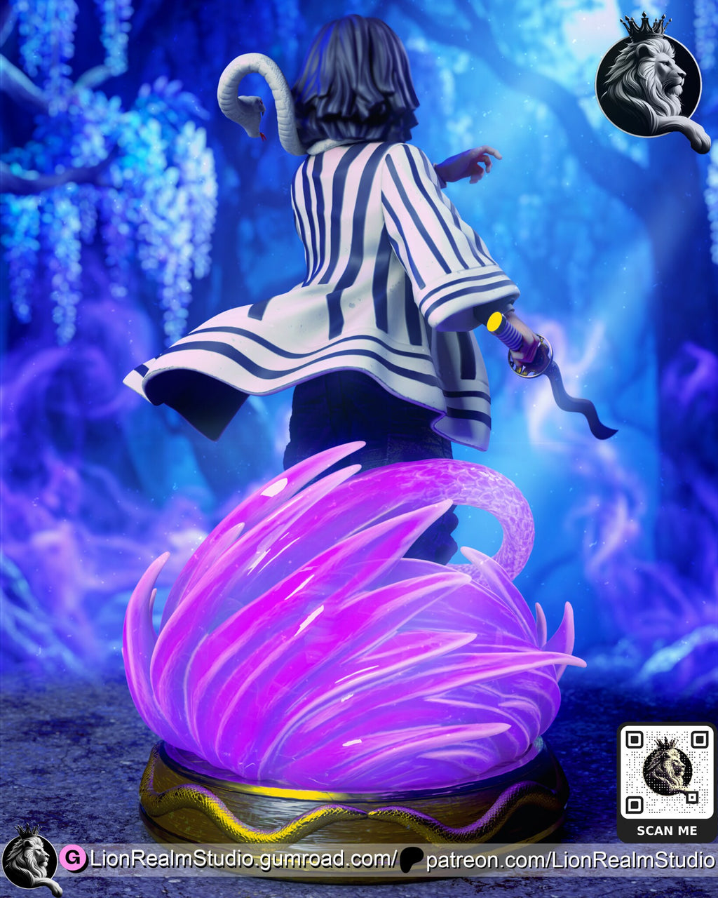 Sculptor's render (kit ships unpainted): rear view of the striped coat, the snake on his shoulders and the back of the pink swirl