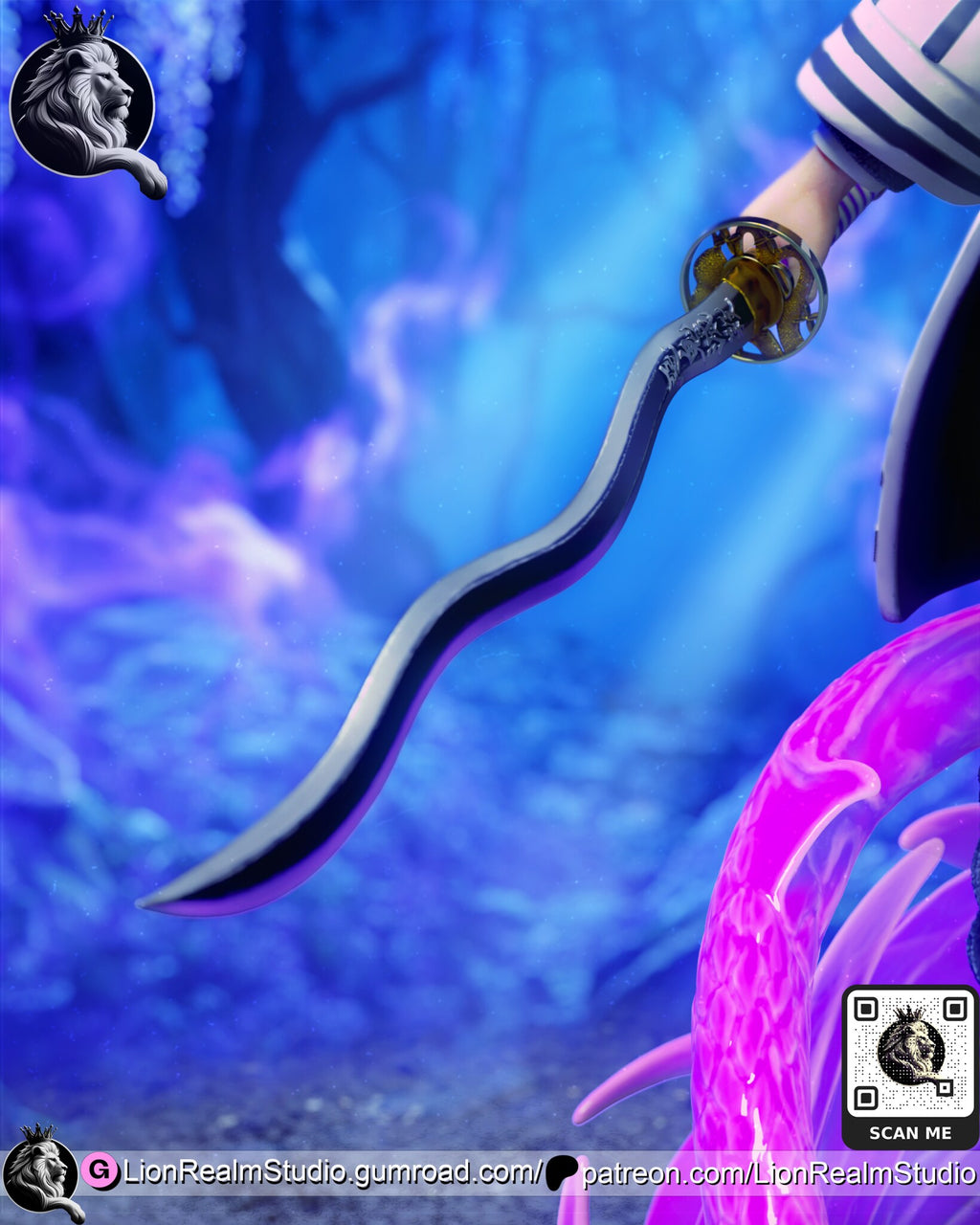 Sculptor's render (kit ships unpainted): close-up of the wavy sword with its round gold guard