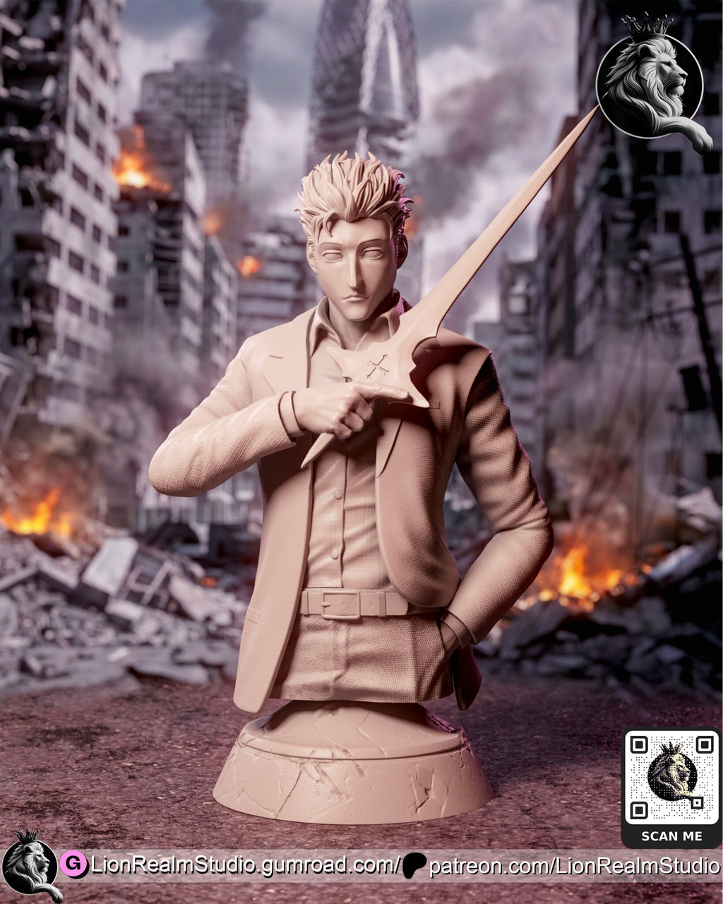 Sculptor's render of the design, shown unpainted in gray (kit ships unpainted): the suited lawyer bust pointing across his chest, the long sword slanting up past his shoulder, on a round cracked-stone pedestal