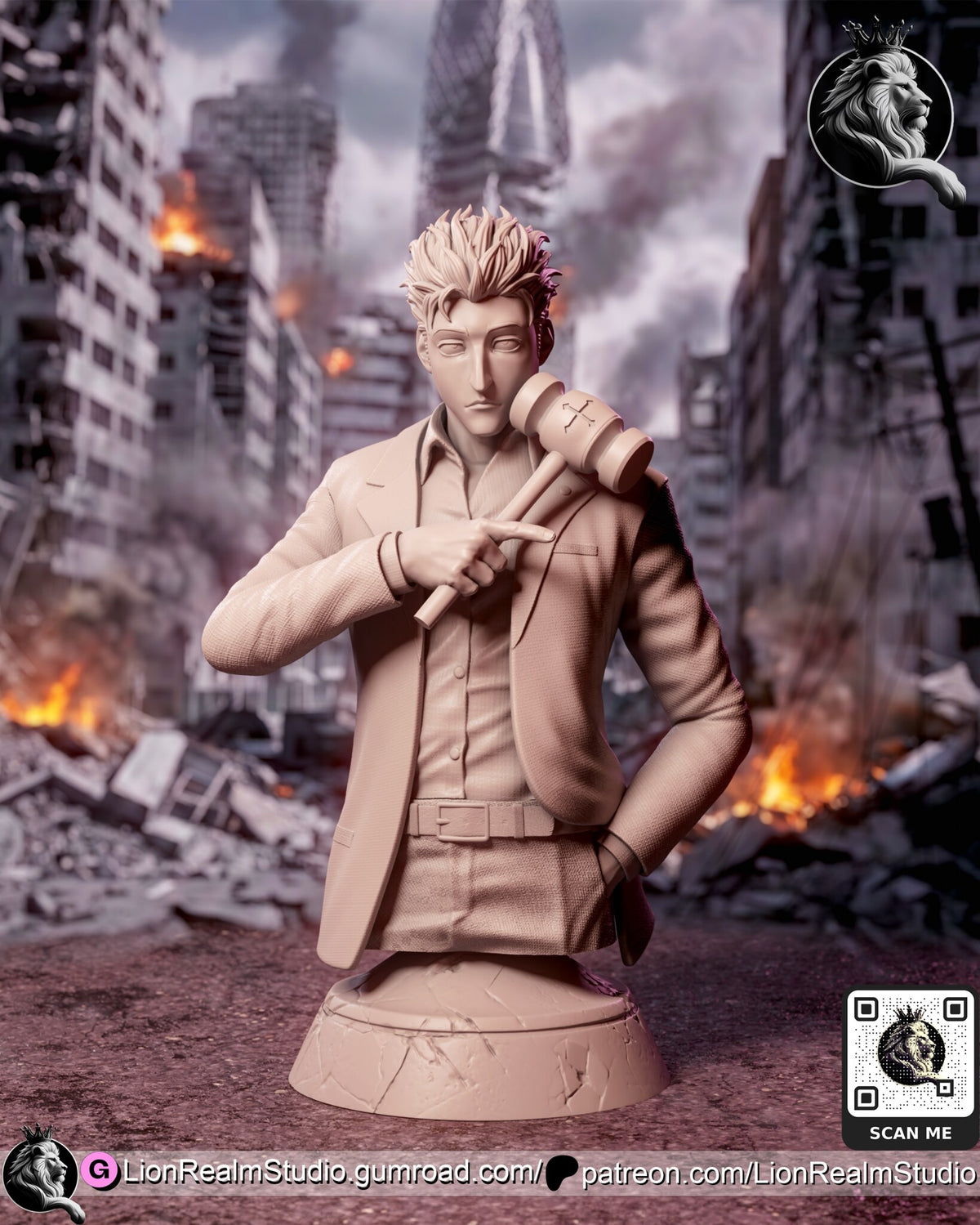 Sculptor's render (kit ships unpainted): the same bust in gray holding the gavel against his cheek instead of the sword
