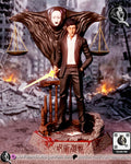 Sculptor's render of the painted design (kit ships unpainted): front view of the suited lawyer with the glowing sword lowered, the hooded judge spirit and its balance scales spread behind him, on the broken courtroom base