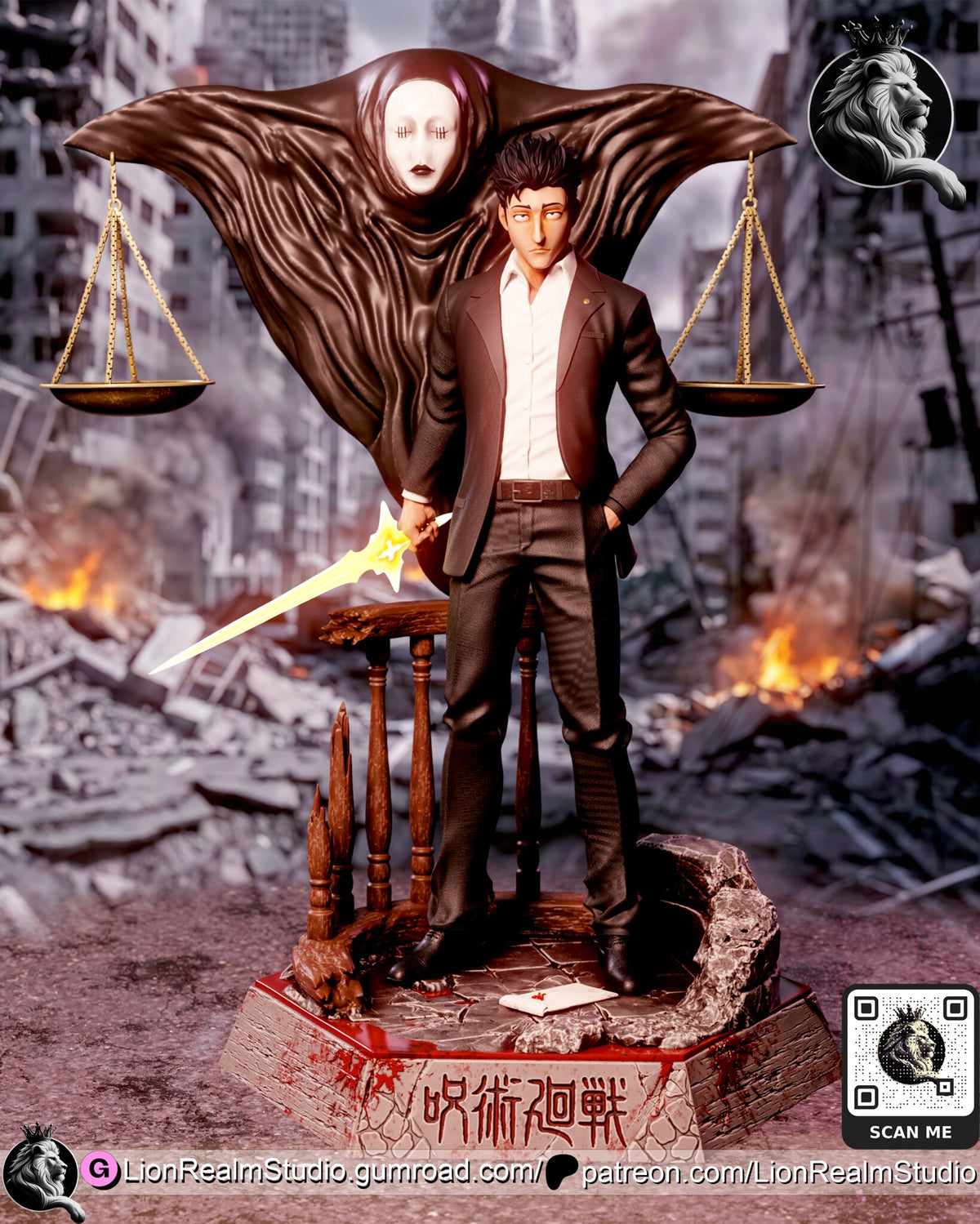 Sculptor's render of the painted design (kit ships unpainted): front view of the suited lawyer with the glowing sword lowered, the hooded judge spirit and its balance scales spread behind him, on the broken courtroom base