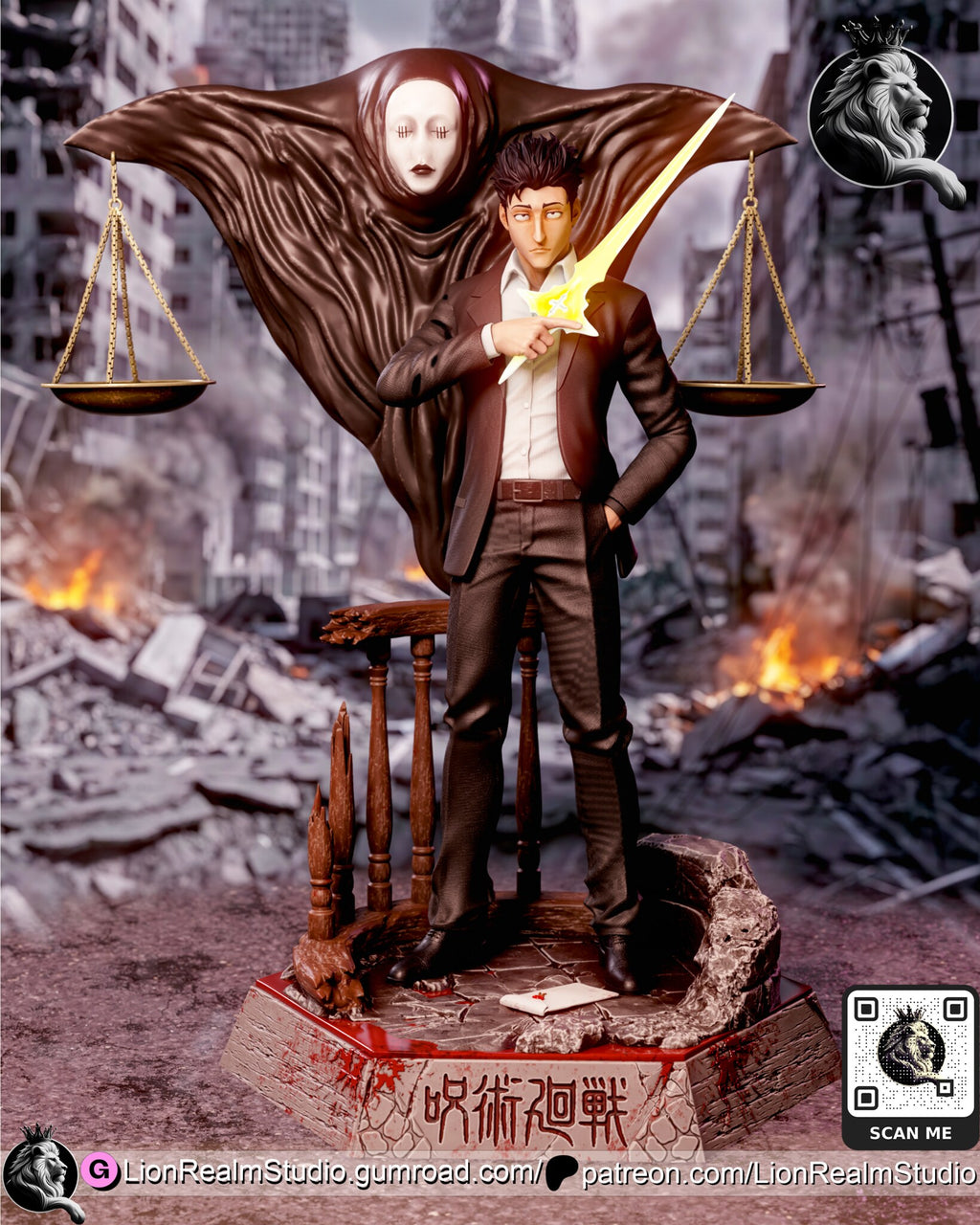 Sculptor's render (kit ships unpainted): the same scene with the right arm raised across the chest, pointing, the glowing sword upright at his shoulder