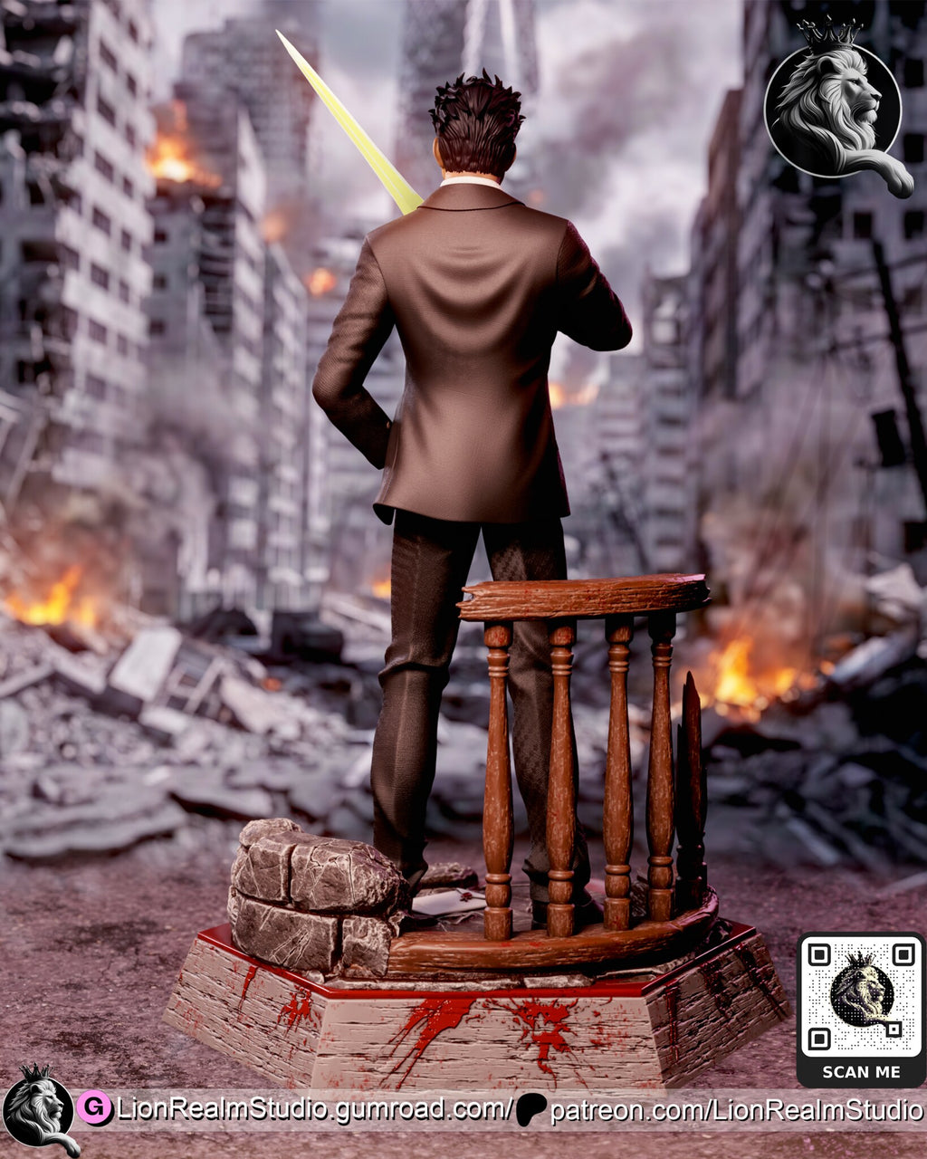 Sculptor's render (kit ships unpainted): rear view of the suit jacket, the wooden balustrade and the stacked stone blocks on the base