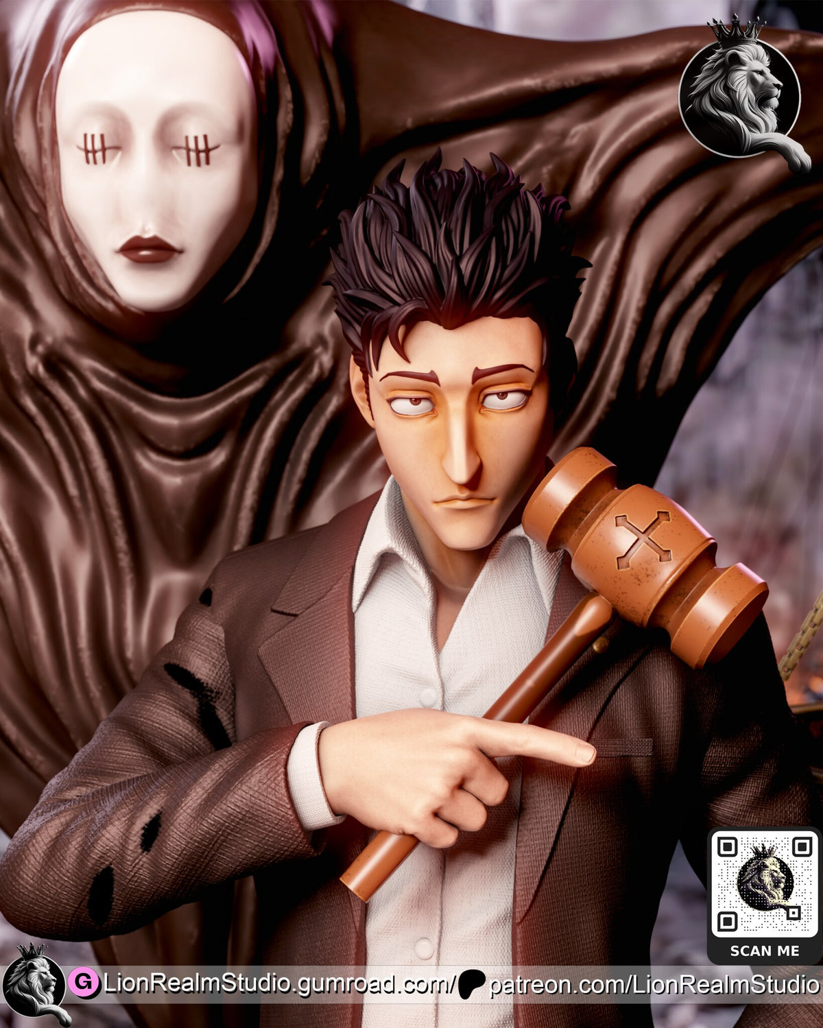 Sculptor's render (kit ships unpainted): close-up of the face and the raised gavel, with the masked judge spirit behind him