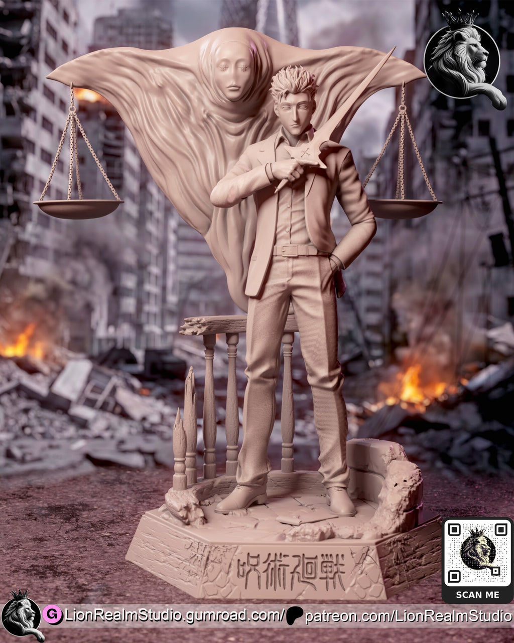Sculptor's render (kit ships unpainted): unpainted gray view of the whole scene with the judge spirit from the front