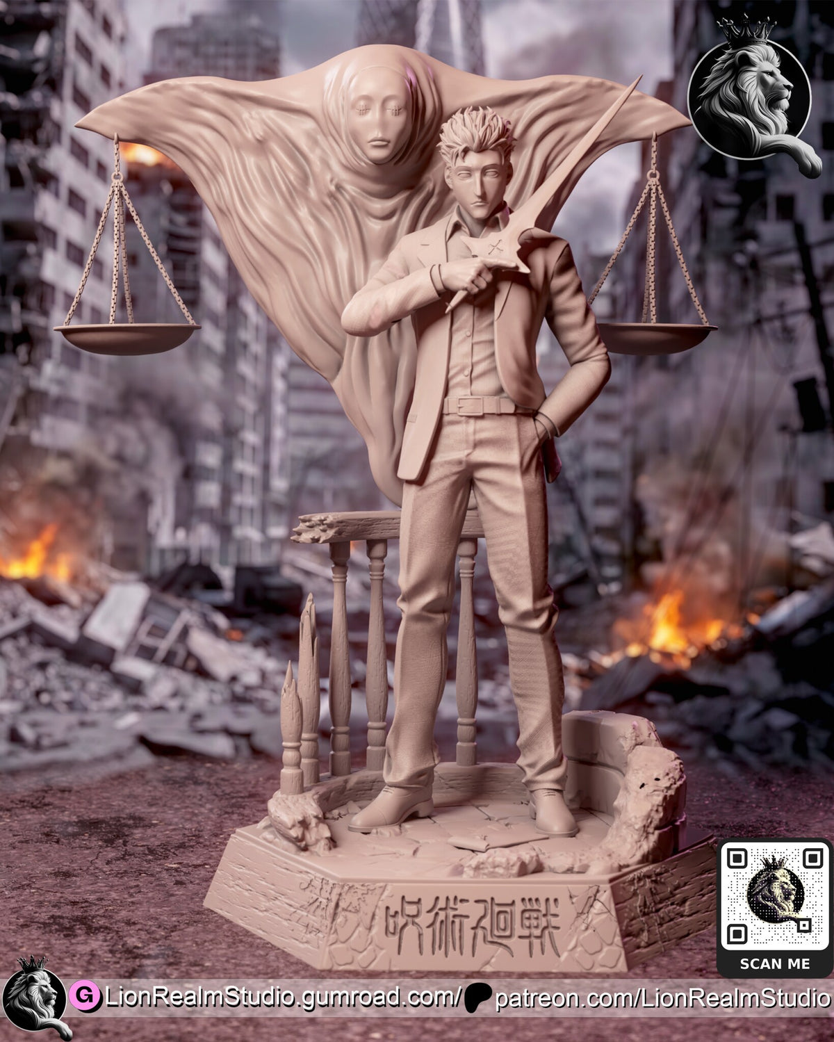 Sculptor's render (kit ships unpainted): unpainted gray view of the whole scene with the judge spirit from the front