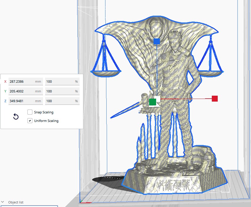 Studio scale sheet (kit ships unpainted): the studio's slicer screenshot of the whole scene with the judge spirit at 100% scale, 287.2 mm wide, 205.4 mm deep and 349.9 mm tall