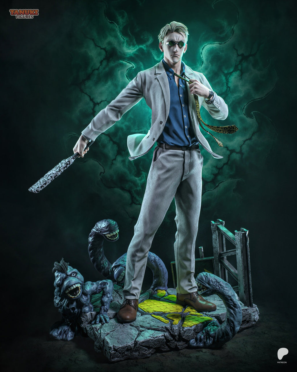 Sculptor's render of the painted design (kit ships unpainted): full front view of the suit figure, the blond man in a gray suit and green goggle glasses pulling his tie loose with a wrapped cleaver blade held out, on a cracked slab with four grinning creatures
