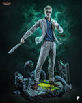 Sculptor's render of the painted design (kit ships unpainted): full front view of the suit figure, the blond man in a gray suit and green goggle glasses pulling his tie loose with a wrapped cleaver blade held out, on a cracked slab with four grinning creatures