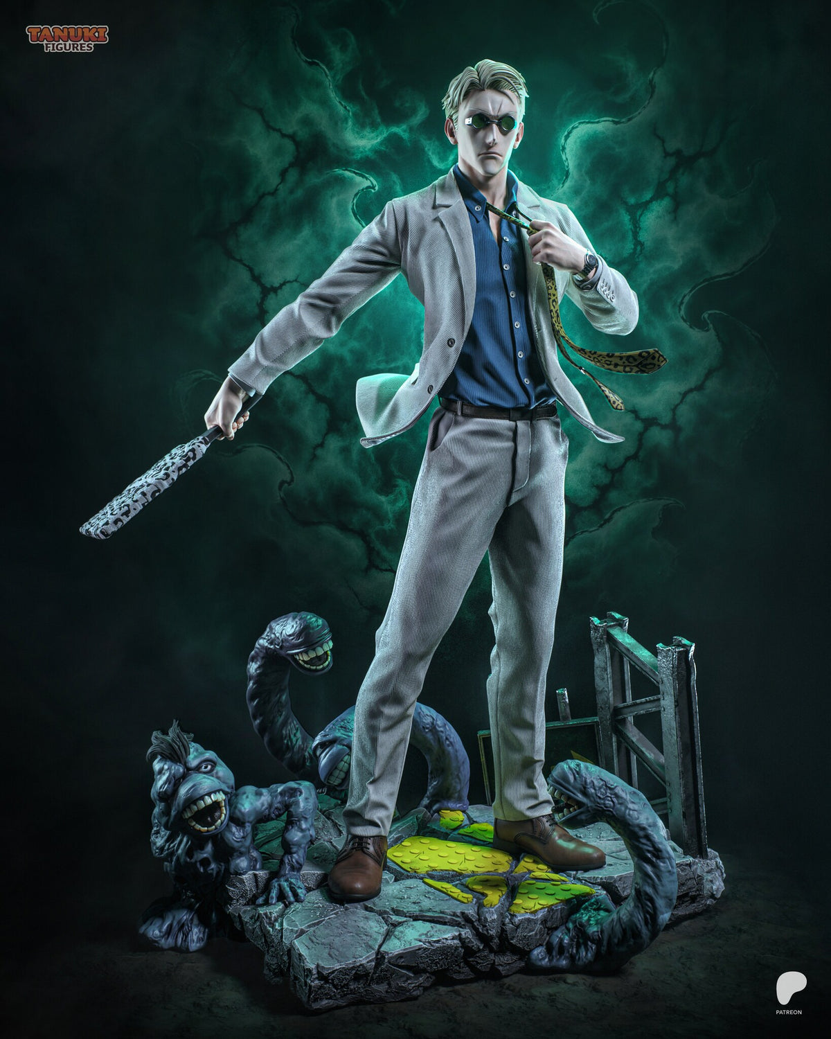 Sculptor's render of the painted design (kit ships unpainted): full front view of the suit figure, the blond man in a gray suit and green goggle glasses pulling his tie loose with a wrapped cleaver blade held out, on a cracked slab with four grinning creatures