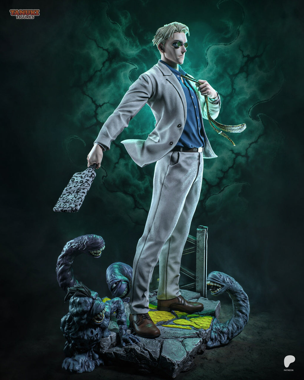 Sculptor's render (kit ships unpainted): full front view from his right, the open jacket flaring and three creatures clustered at his feet