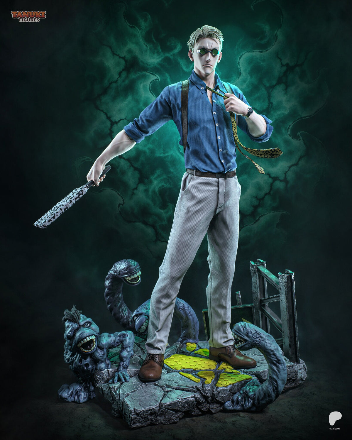 Sculptor's render (kit ships unpainted): full front view of the shirtsleeves figure, with the jacket off, sleeves rolled and brown leather suspenders