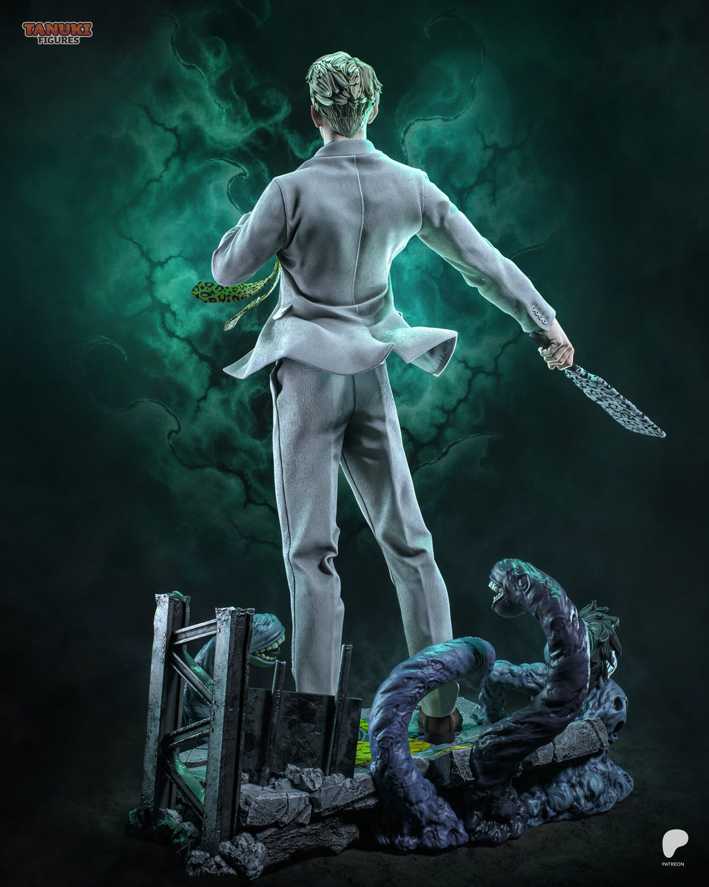 Sculptor's render (kit ships unpainted): rear view of the suit jacket, the tie flying out and the scaffold frame behind the slab