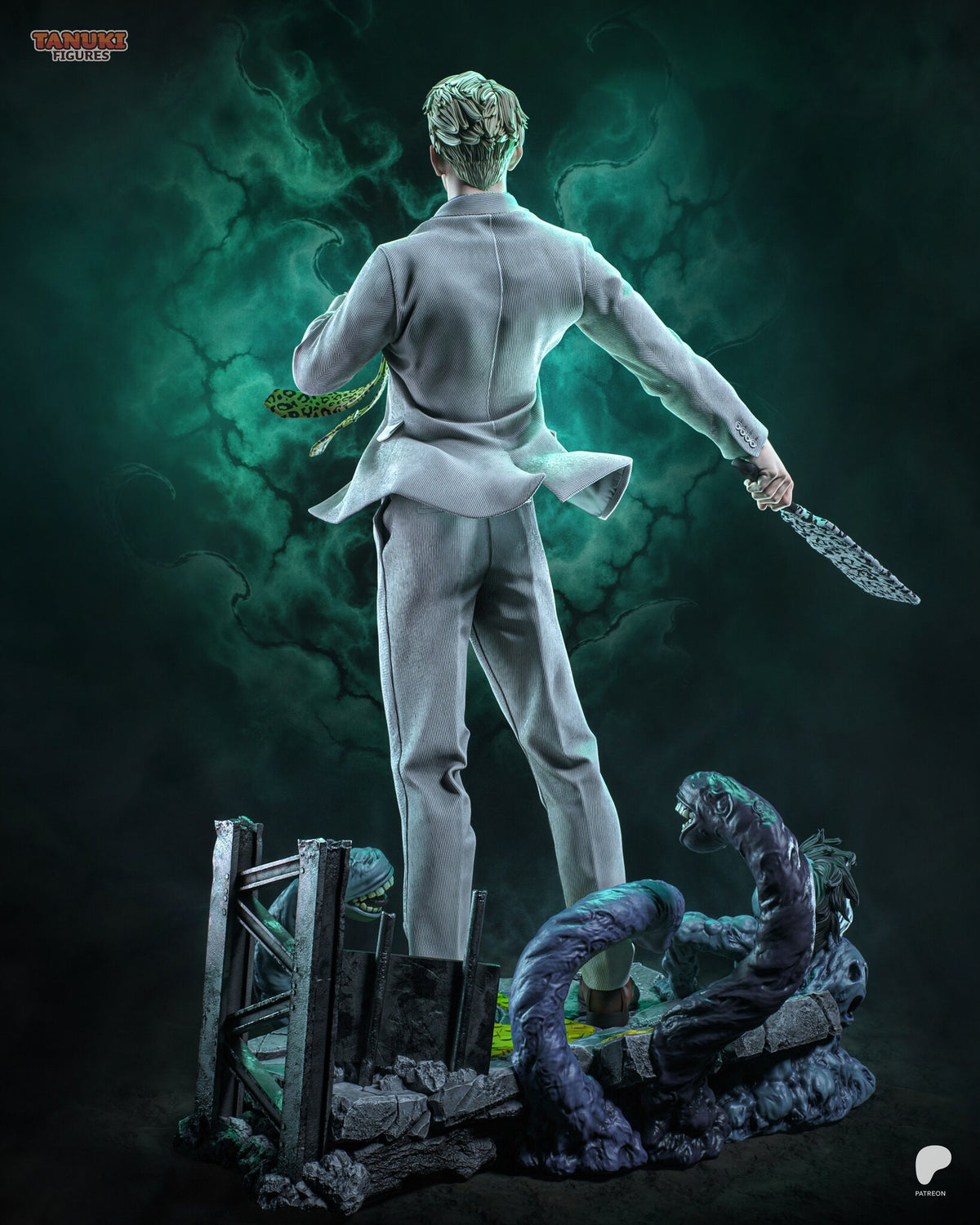Sculptor's render (kit ships unpainted): rear view of the suit jacket, the tie flying out and the scaffold frame behind the slab