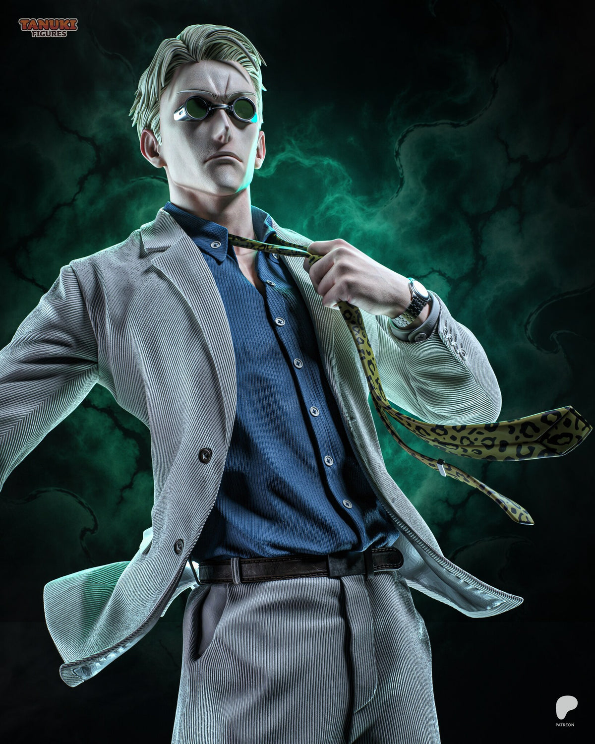 Sculptor's render (kit ships unpainted): closer view of the suit figure, the leopard-print tie pulled loose from the blue shirt collar, with the wristwatch and belt