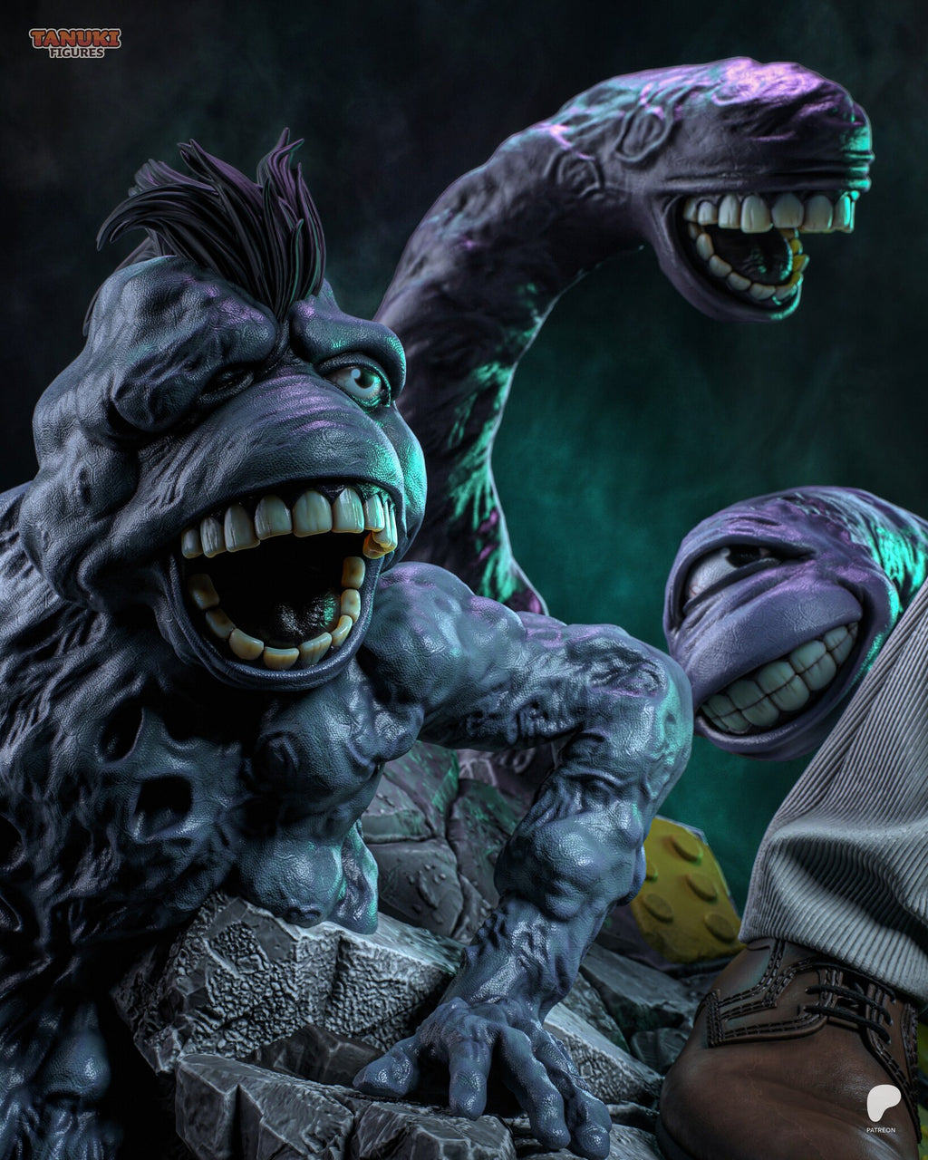 Sculptor's render (kit ships unpainted): close-up of the creatures on the base, a crouching hairy one and two long worm-like ones, all with wide grins full of teeth