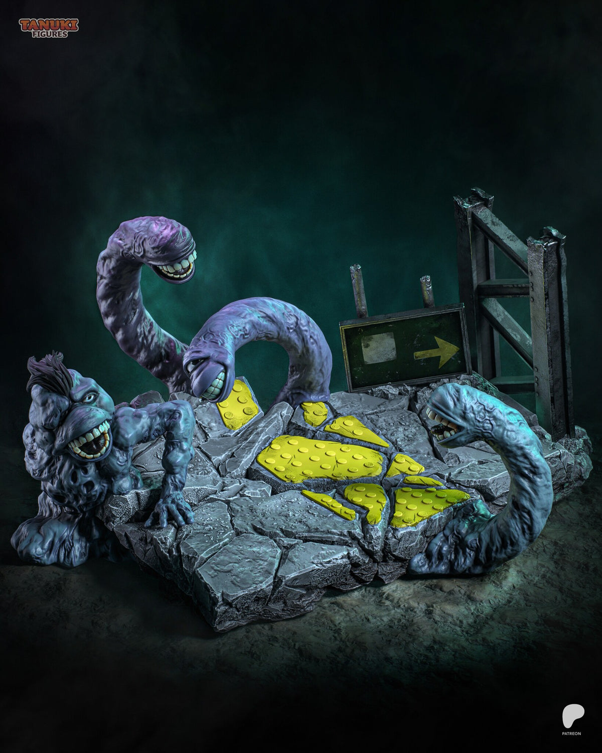 Sculptor's render (kit ships unpainted): the base on its own, a cracked slab with yellow raised-dot paving, four creatures, a scaffold frame and a green arrow sign