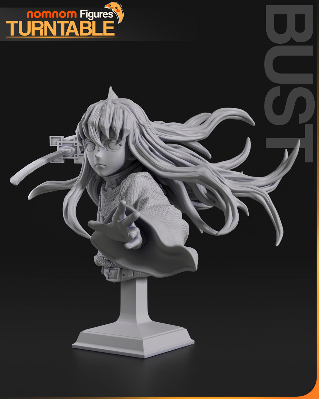 Sculptor's render of the painted design (kit ships unpainted): gray studio view of the bust, the hair streaming out to one side, the katana raised beside his head and the other hand reaching forward, on a stepped plinth