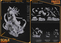 Studio scale and parts sheet (kit ships unpainted): the miniature shown in front of the 1:10 statue with the studio's sizes for each version (miniature 70 mm tall), and the parts of each version laid out, the miniature's in the bottom middle
