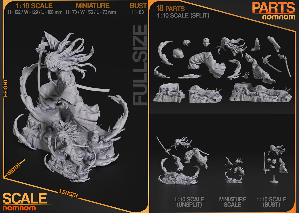 Studio scale and parts sheet (kit ships unpainted): the miniature shown in front of the 1:10 statue with the studio's sizes for each version (miniature 70 mm tall), and the parts of each version laid out, the miniature's in the bottom middle
