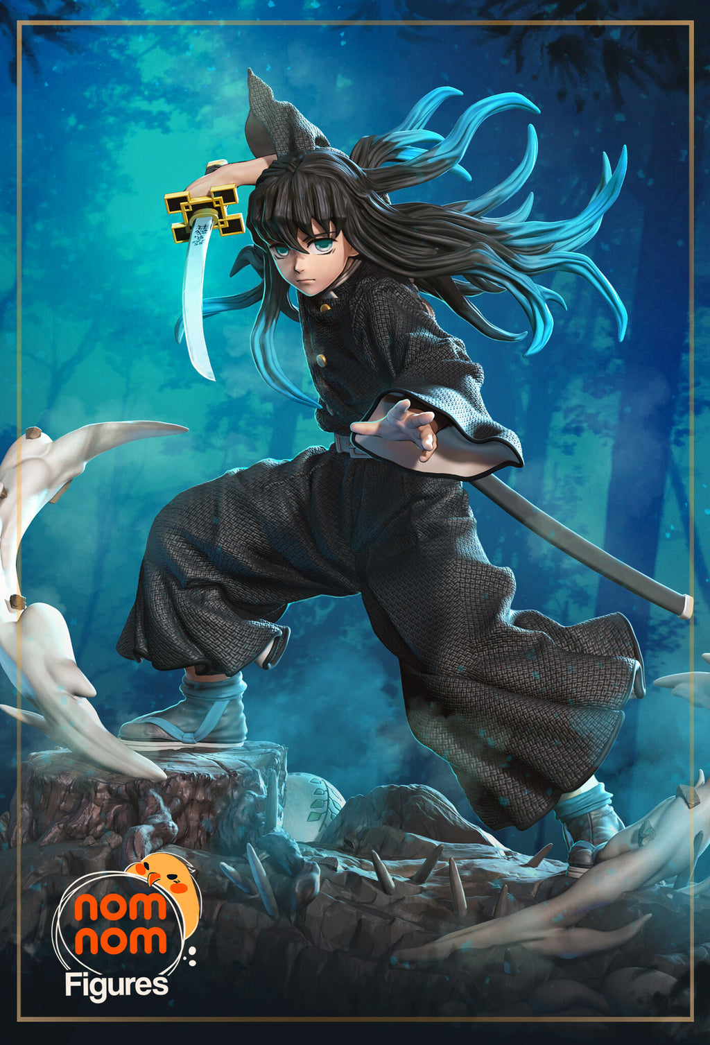 Sculptor's render of the painted design (kit ships unpainted): the young swordsman in a wide stride with his katana raised behind his head, teal-tipped hair streaming back, white mist curling around the rock base