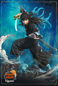 Sculptor's render of the painted design (kit ships unpainted): the young swordsman in a wide stride with his katana raised behind his head, teal-tipped hair streaming back, white mist curling around the rock base