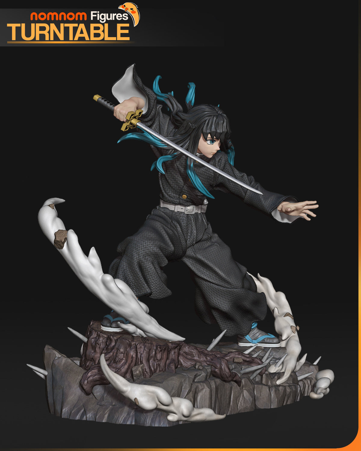 Sculptor's render (kit ships unpainted): view from his right, the katana angled across the front and the gold guard raised