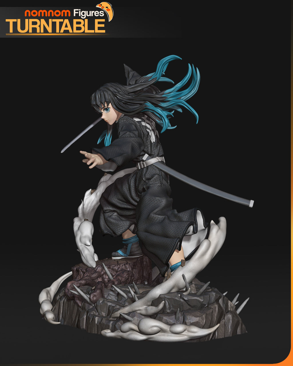 Sculptor's render (kit ships unpainted): side view along the outstretched arm, the scabbard trailing behind and the mist swirls around the base