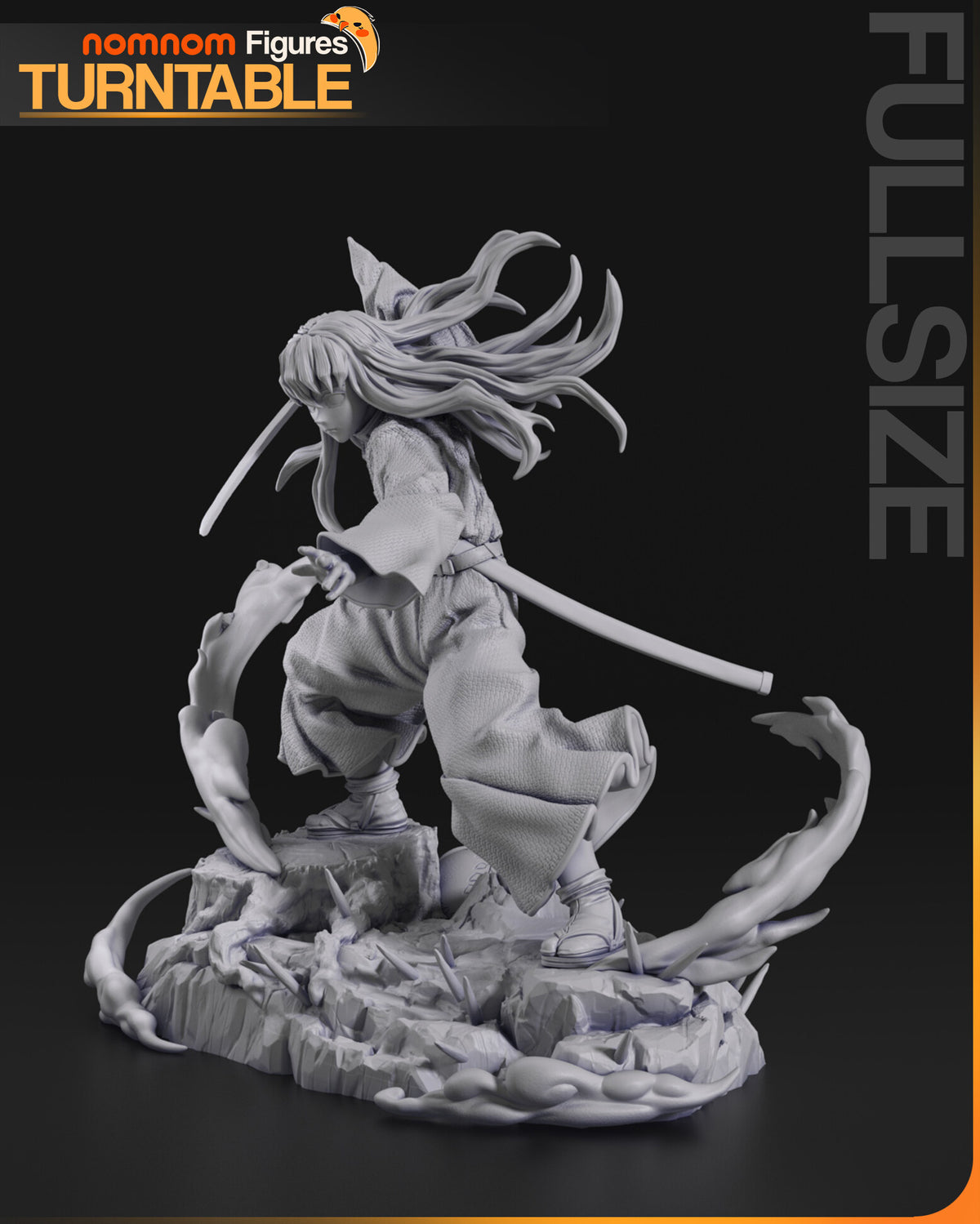 Sculptor's render (kit ships unpainted): gray side view showing the woven texture of the uniform and the flowing hair